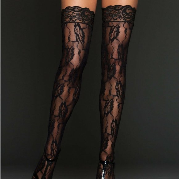 iCollection Lingerie Floral Lace Thigh Highs One Size Black - 8610 - Picture 1 of 1